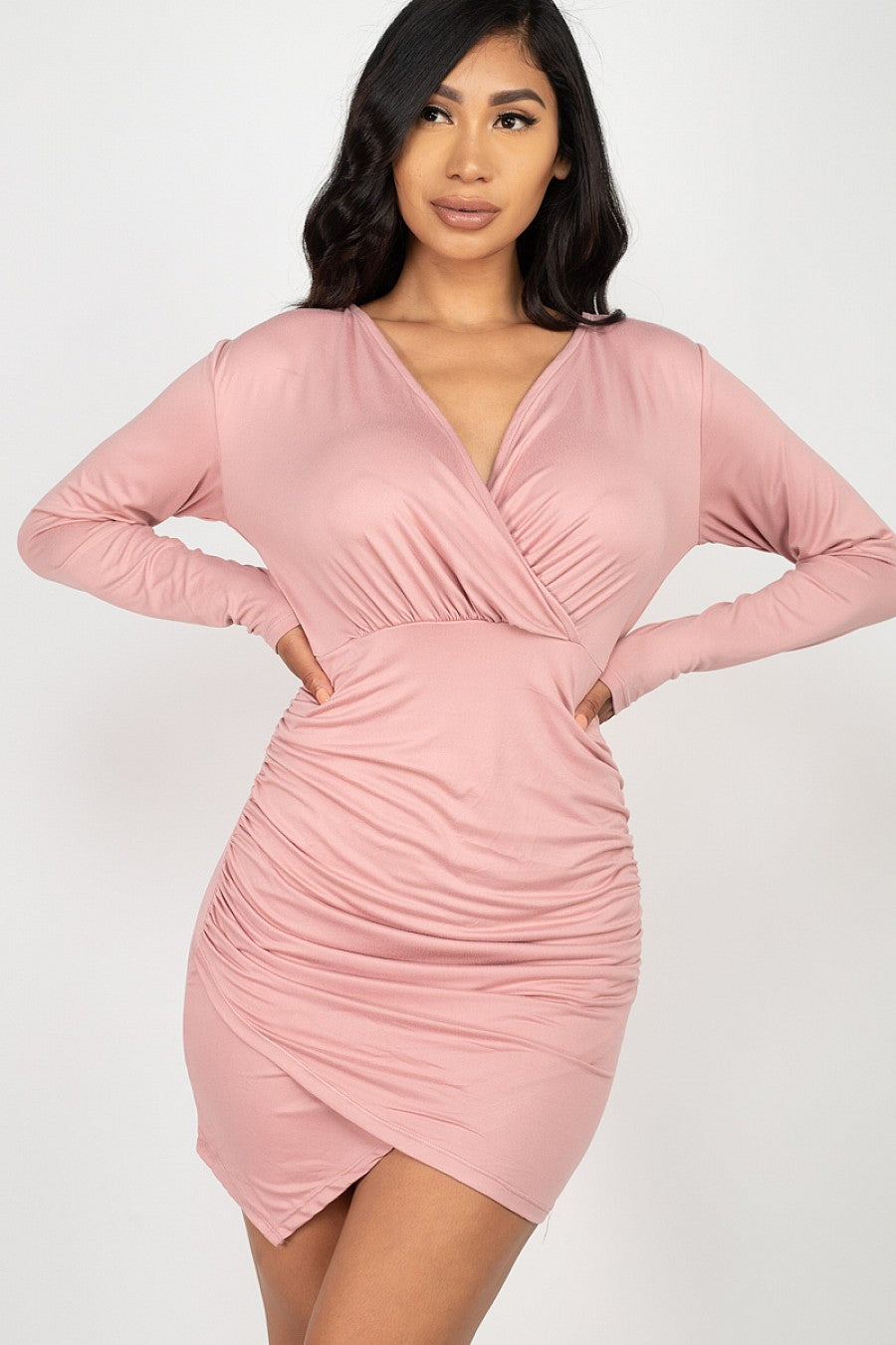 SEXY WRAP RUCHED BODYCON DRESS