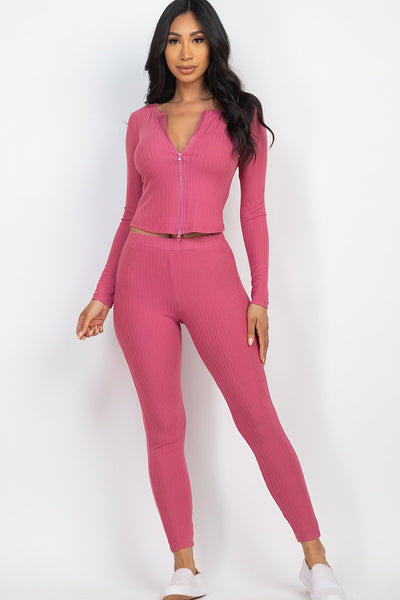 Ribbed Zip Front Long Sleeve